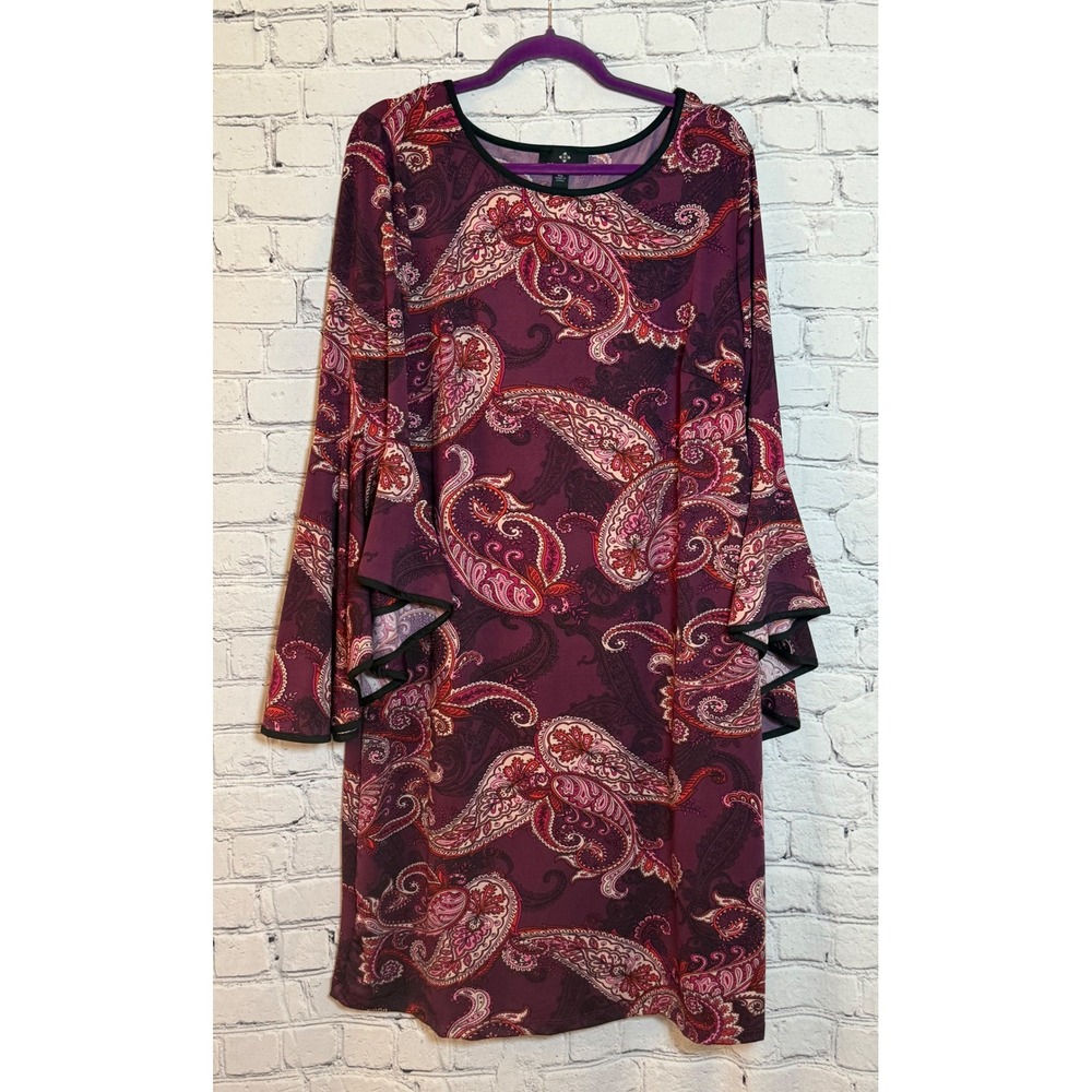Ronni Nicole Paisley Print Bell Sleeve Dress Burgundy Pink‎ XL